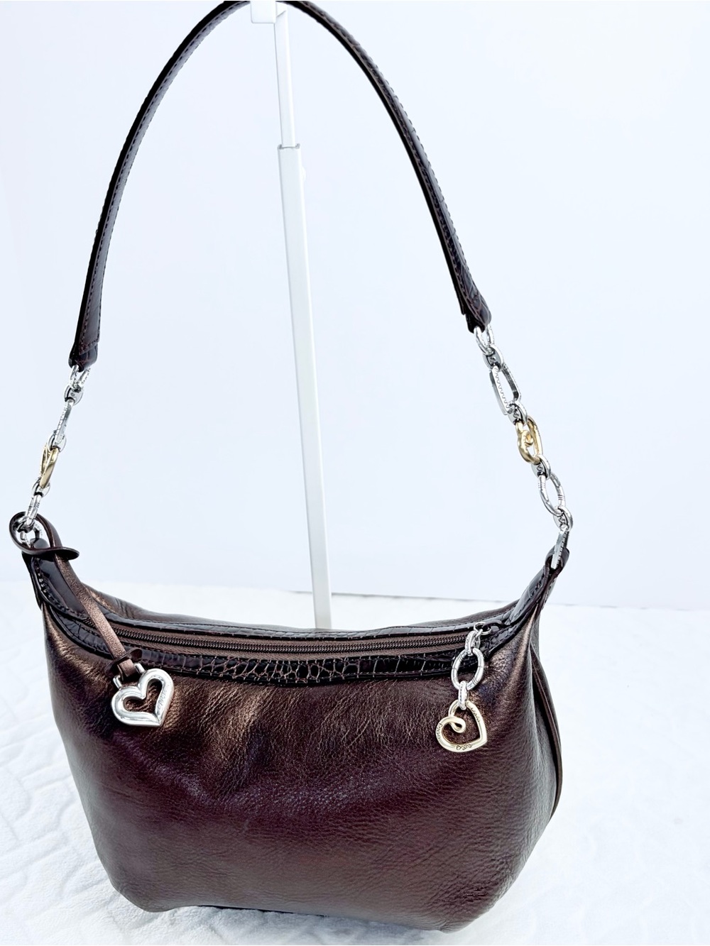 Vintage Y2K Brighton Copper Brown Leather Shoulder Bag with Heart Charms